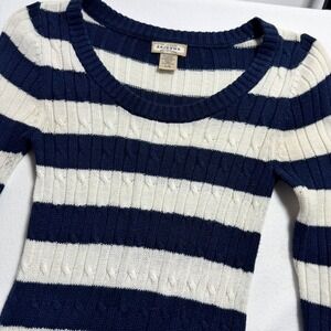 Arizona Jean Company Sweater L Navy Blue White Striped Cable Knit Scoop Neck